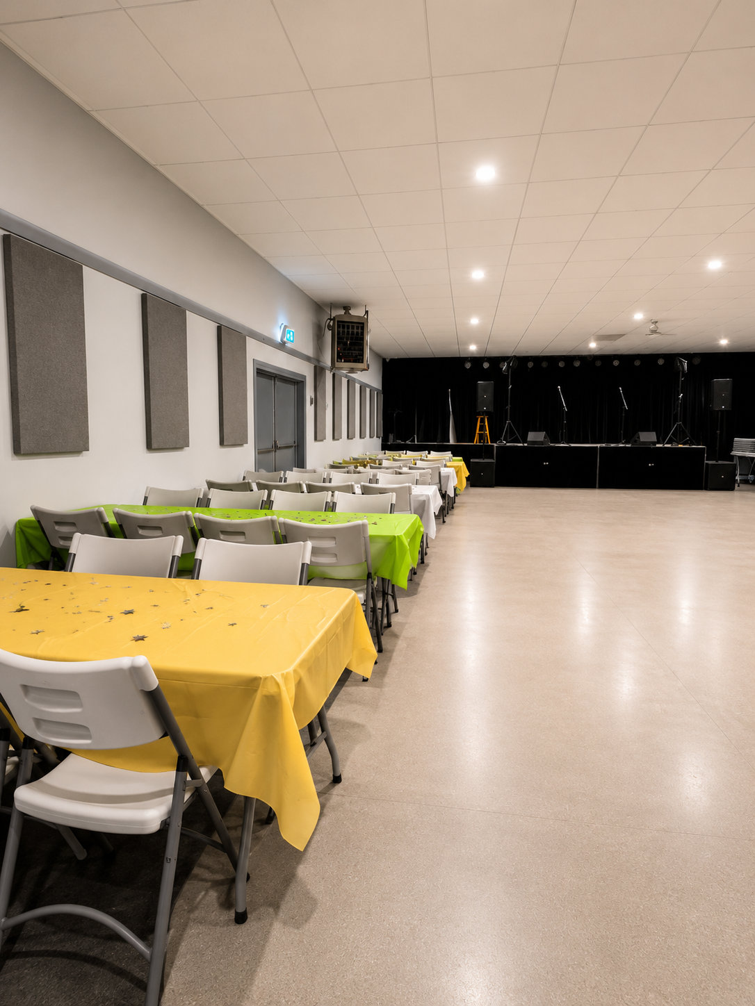 Side view of Montney Hall showing acoustic panels and seating
