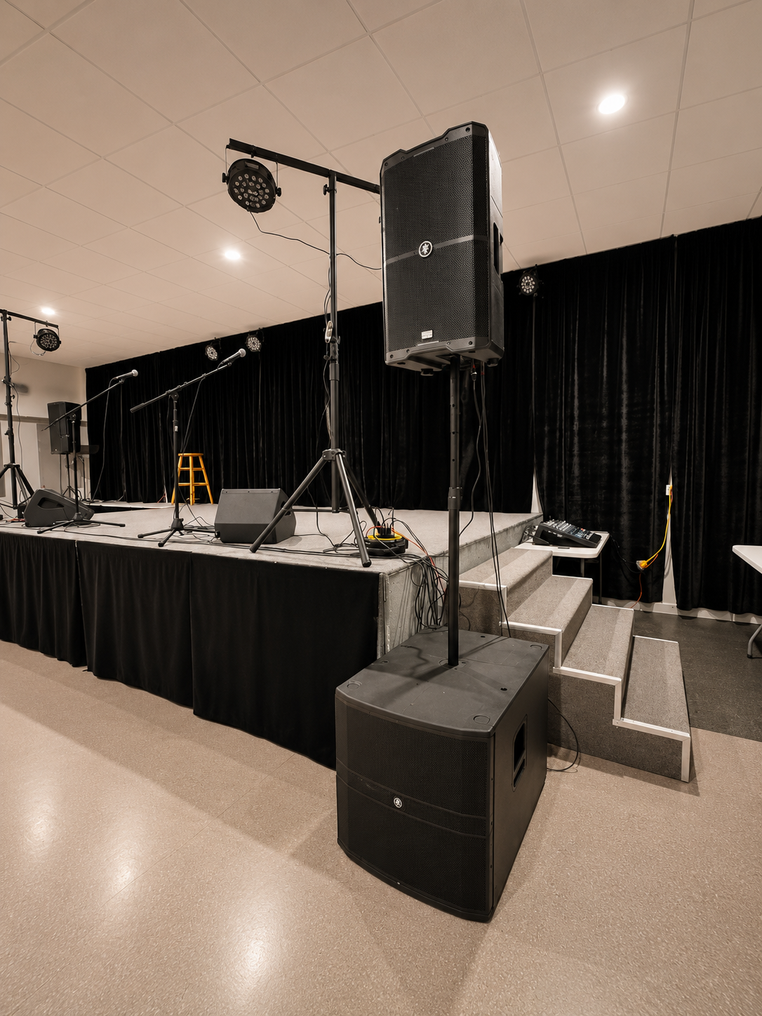 Professional speaker setup and stage at Montney Hall